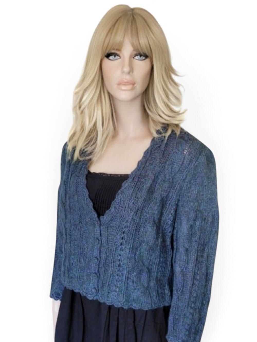 Vintage Hand Knit Wool Mohair Teal Blue Cable Knit Sweater Cropped Medium